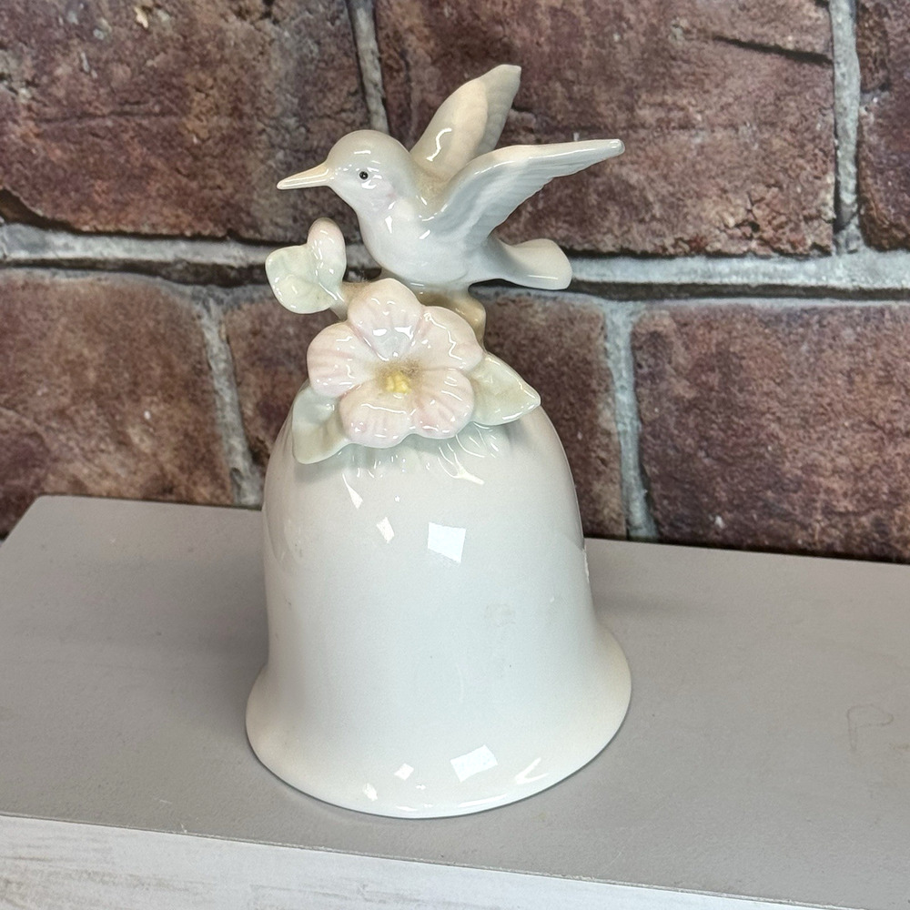 Vintage Otagiri Hummingbird White Porcelain Bell Japan 5" Pastels Flower Bird